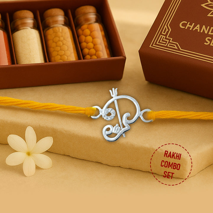 Pure 92.5 Silver Trishul Rakhi with Chandan Tilak Set
