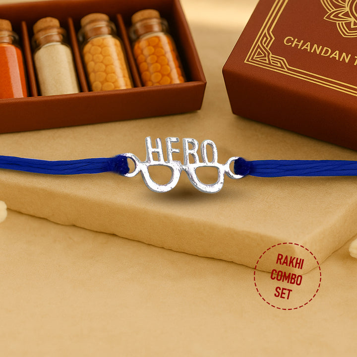 Pure 92.5 Silver Hero Rakhi with Chandan Tilak Set