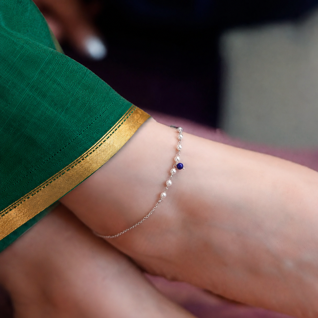 925 Pure Silver Minimalist Pearl & Blue Bead Anklet
