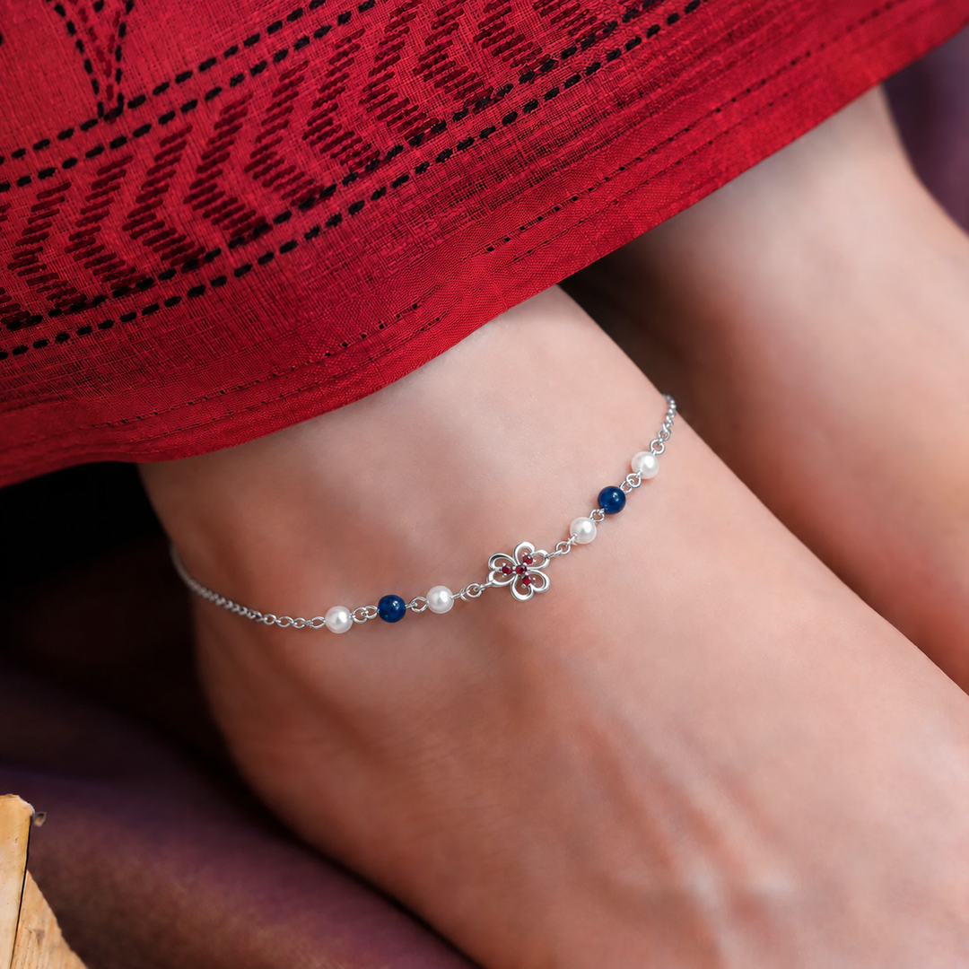 925 Sterling Silver Floral Pearl Anklet