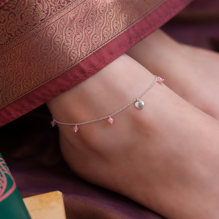 925 Pure Silver Delicate Hanging Bead & Heart Anklet