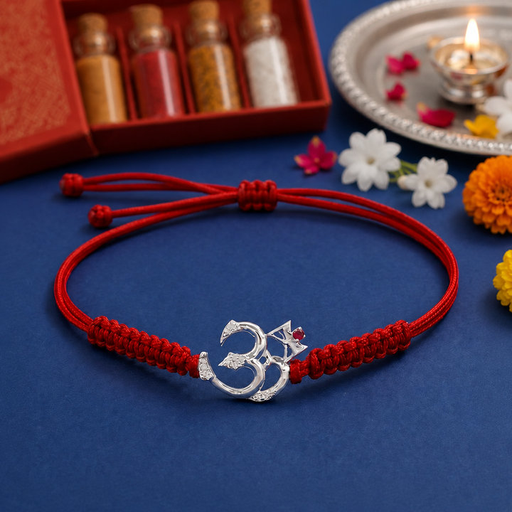 925 Sterling Silver Zircon-Studded Om Divine Rakhi with Chandan Tilak set