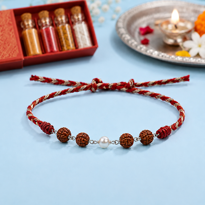 Unniyarcha 925 Pure Silver Elegant Pearl & Rudraksha Red Thread Rakhi with Chandan Tilak set