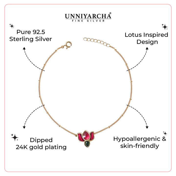 925 Sterling Silver Kundan Lotus Anklet ( Pair)