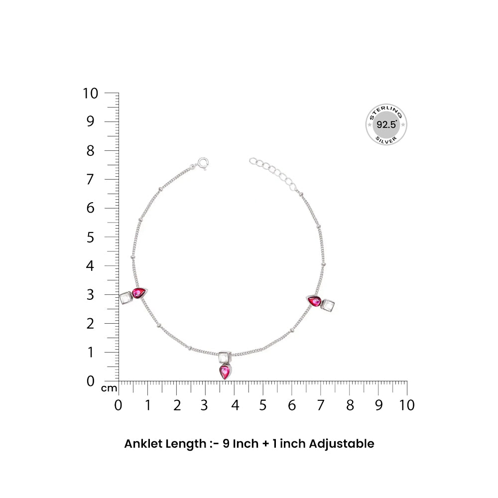 Single 92.5 Sterling Silver Anklet With Square And Drop Stones