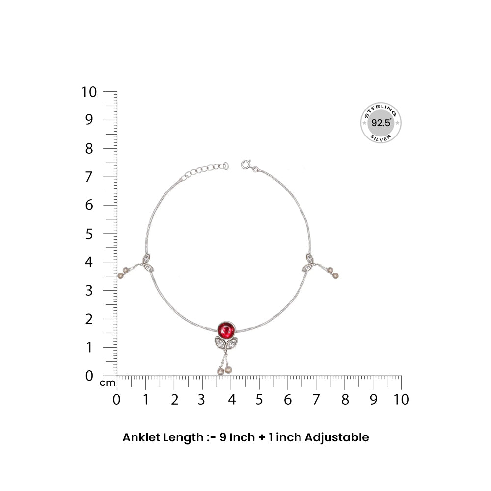 Single Big Red Kundan with Small Beads Hangings Silver Anklets