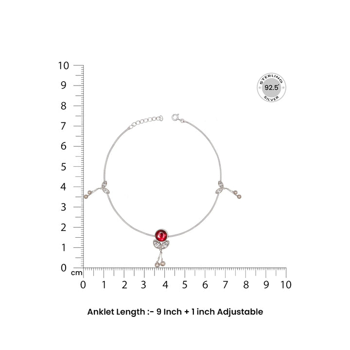 Single Big Red Kundan with Small Beads Hangings Silver Anklets