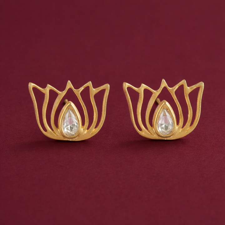 92.5 Silver White Kundan Sacred Lotus Stud Earrings