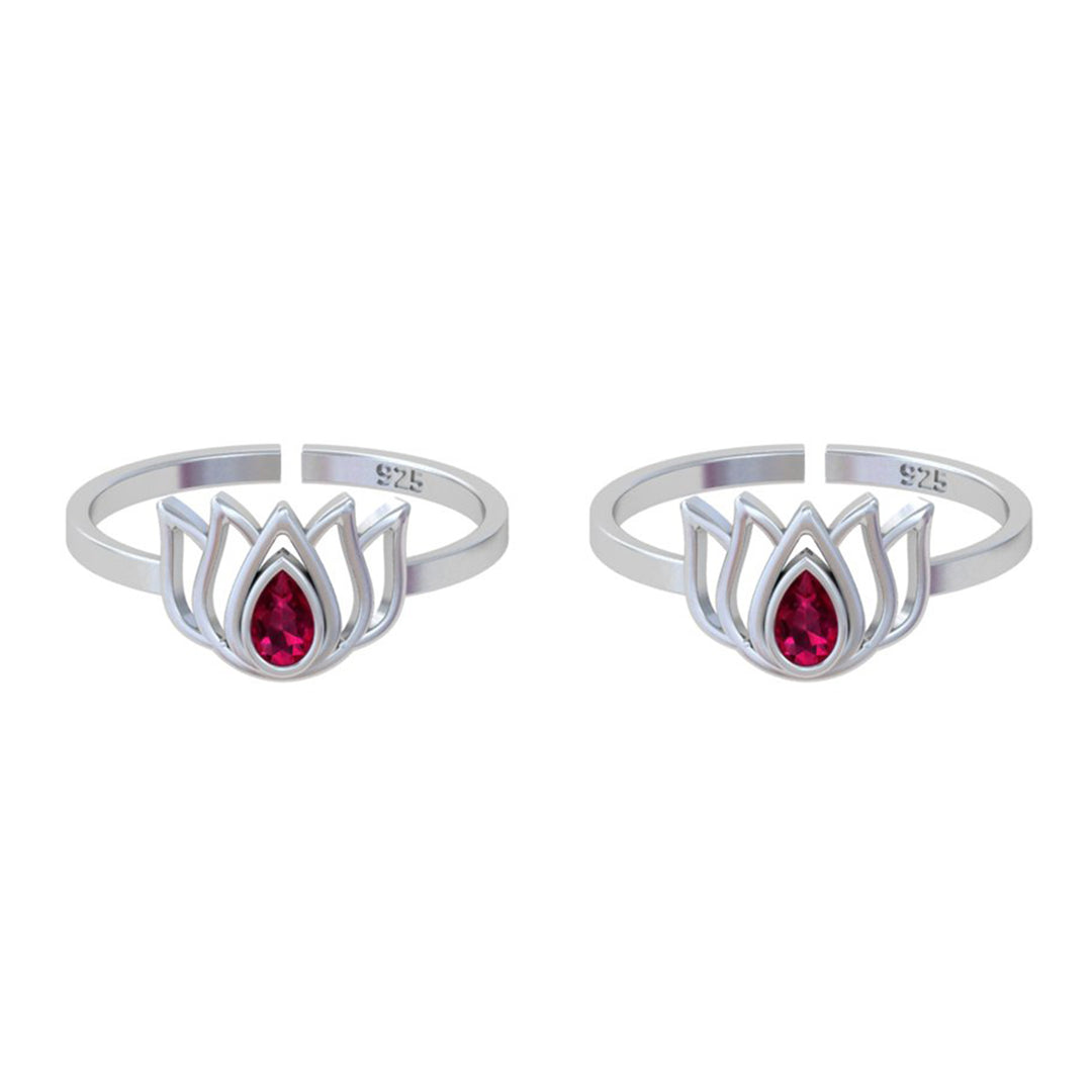 92.5 Sterling Silver Lotus Toe ring with Pink stone