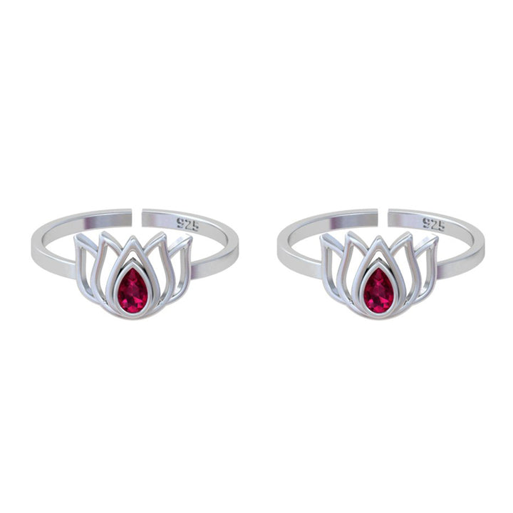 92.5 Sterling Silver Lotus Toe ring with Pink stone