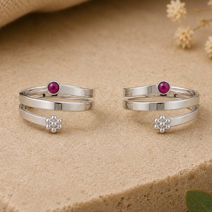 92.5 Sterling Silver Red Pota Toe Ring (Pair)