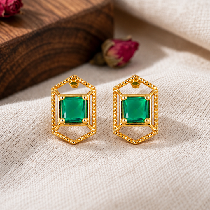 925 Silver Emerald Hexagon Stud Earrings