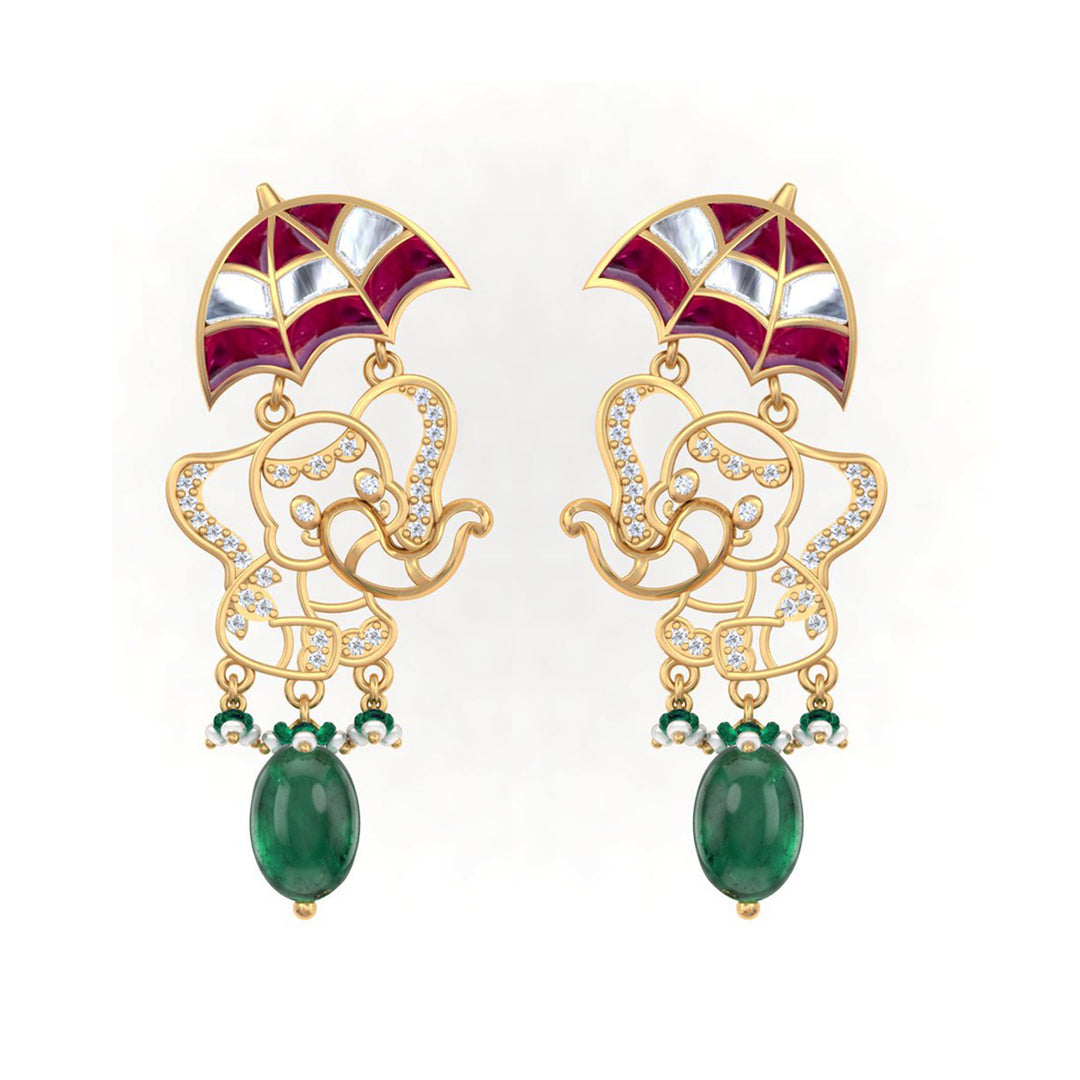 925 Pure Silver Umbrella Elephant with Green Stone Earrings