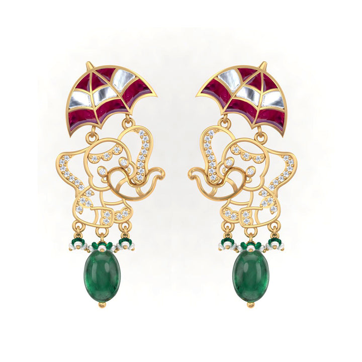925 Pure Silver Umbrella Elephant with Green Stone Earrings