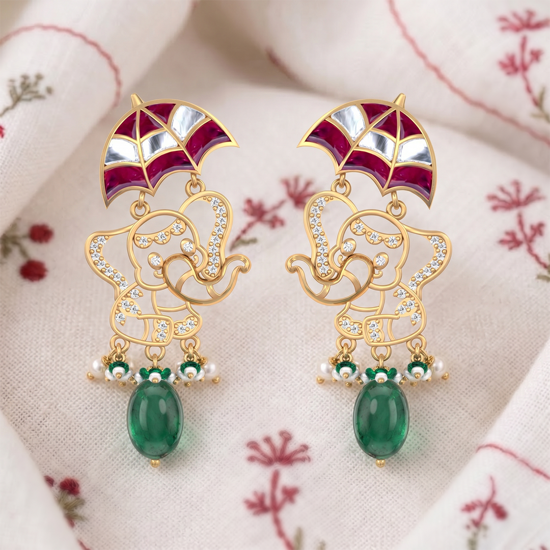 925 Pure Silver Umbrella Elephant with Green Stone Earrings