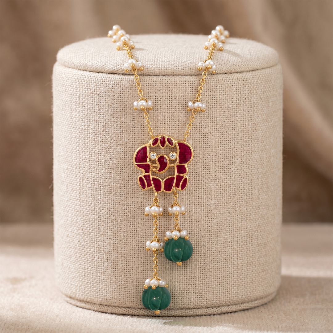 925 Pure Silver Kundan Elephant Necklace