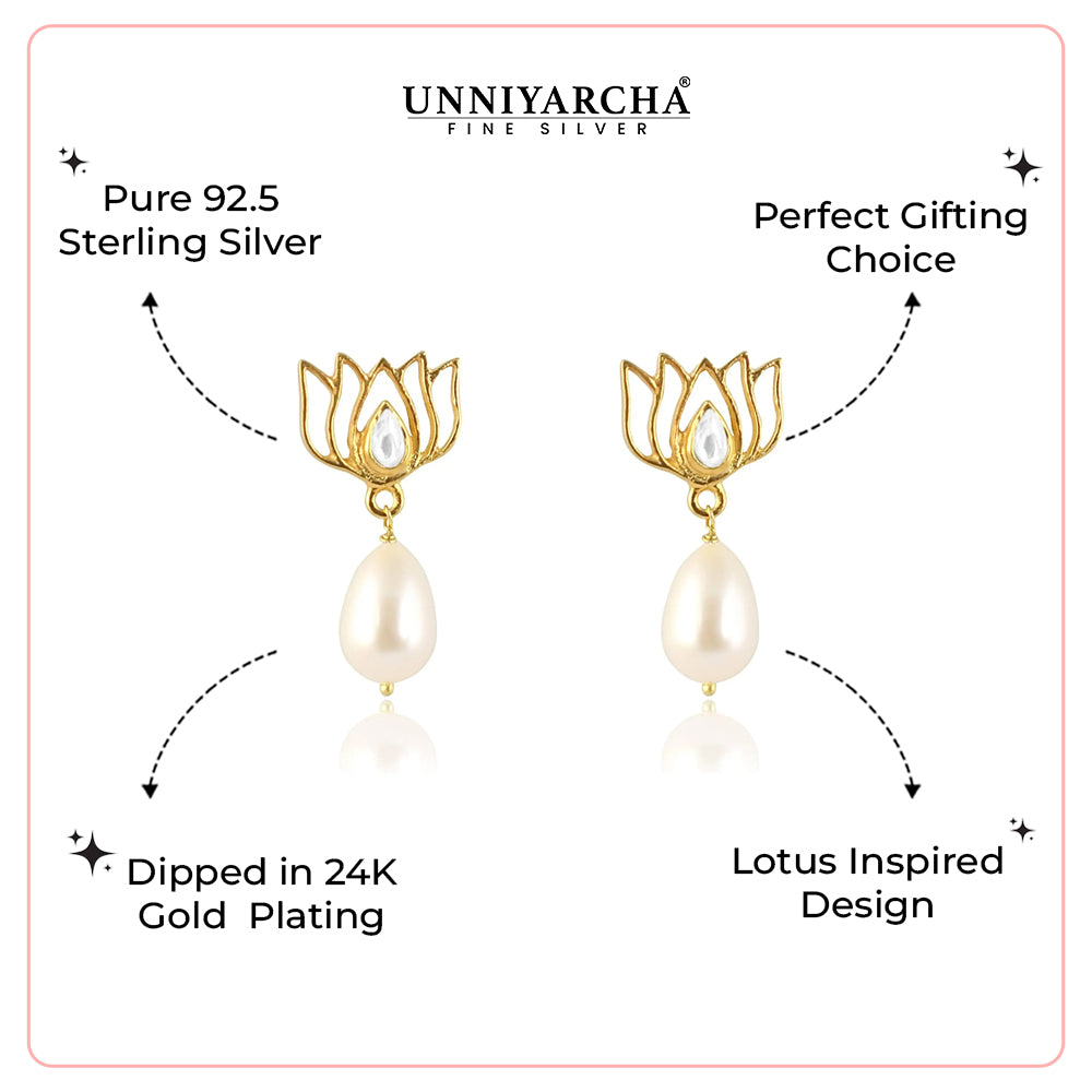 92.5 Sterling Silver Gold-Plated Pearl Drop Lotus Earrings