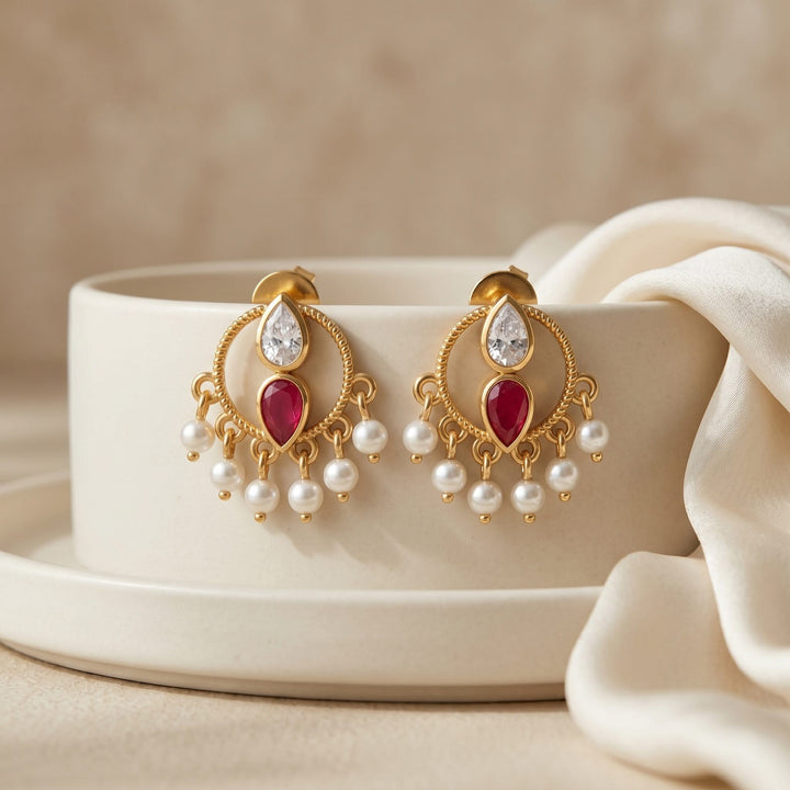 925 Sterling Silver Heirloom Round motif with Red Kundan & Pearl Stud Earrings (Gold Plating)
