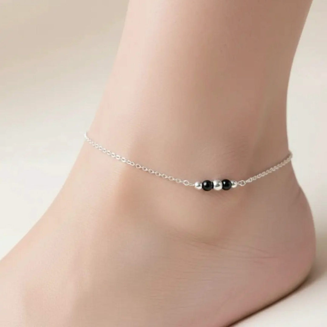 Minimal Silver Anklet with Black Beads