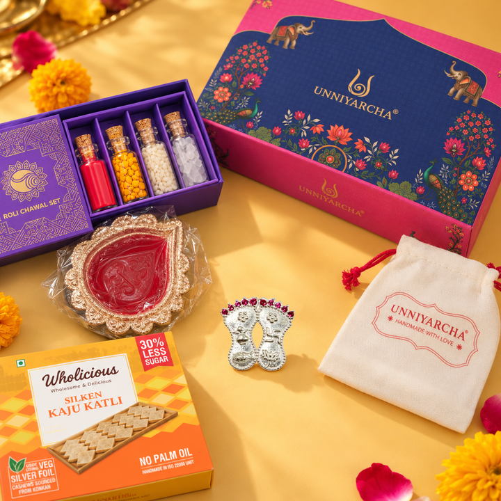 Unniyarcha 925 Pure Silver Lakshmi Charan Paduka Festive Gift Hamper