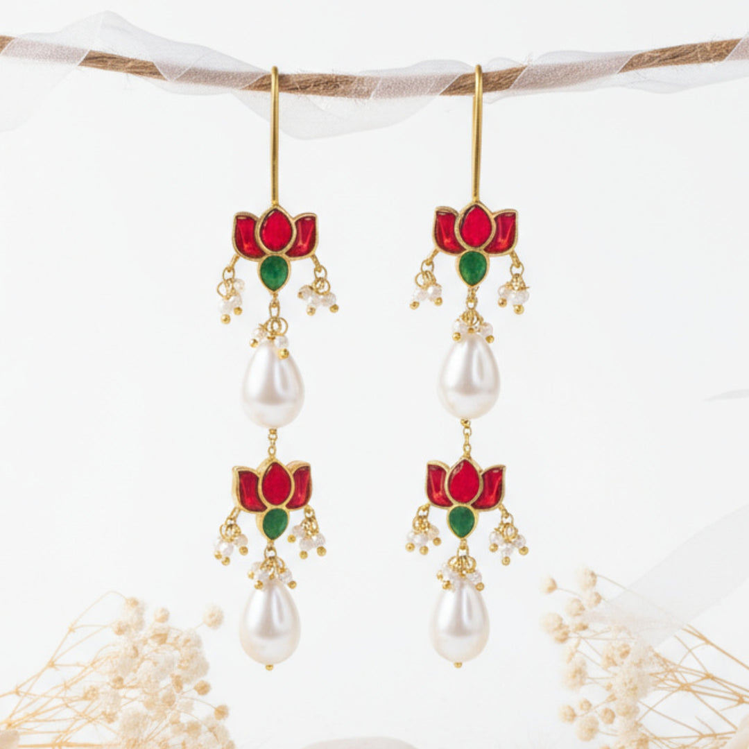 925 Sterling Silver Double Lotus Kundan Sui Dhaga Earring