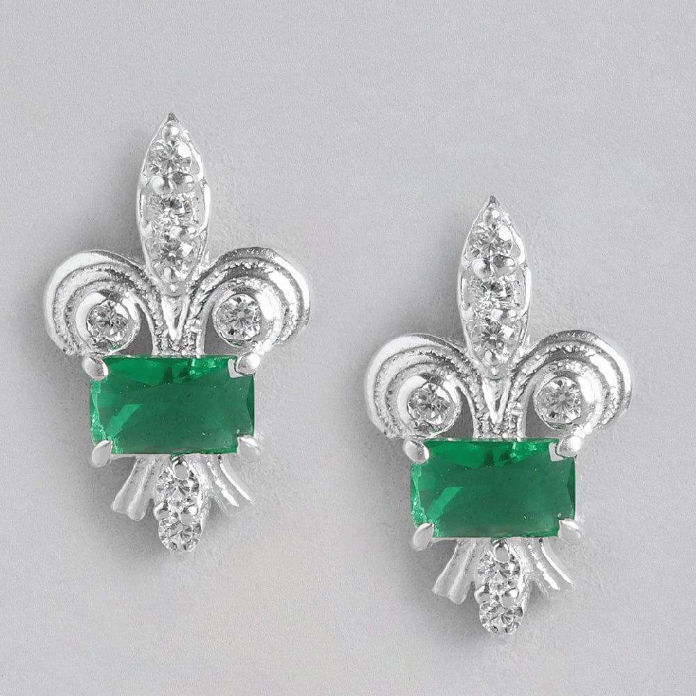 Silver Fleur De Lis Green Earring