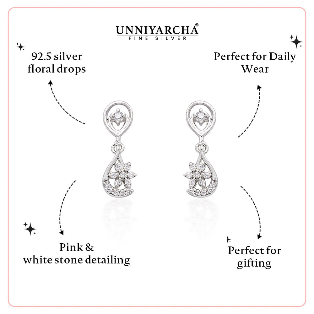 Unniyarcha 925 Pure Silver White Drop Floral Earrings