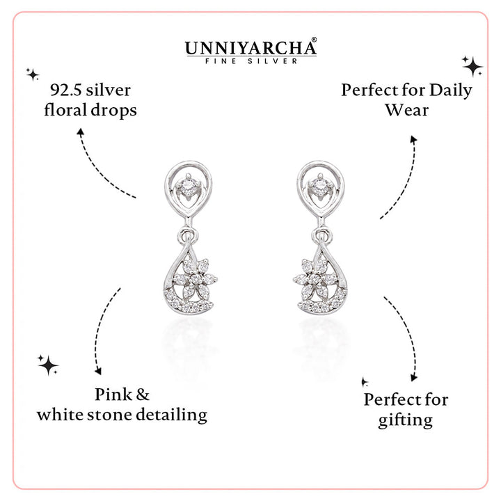 Unniyarcha 925 Pure Silver White Drop Floral Earrings