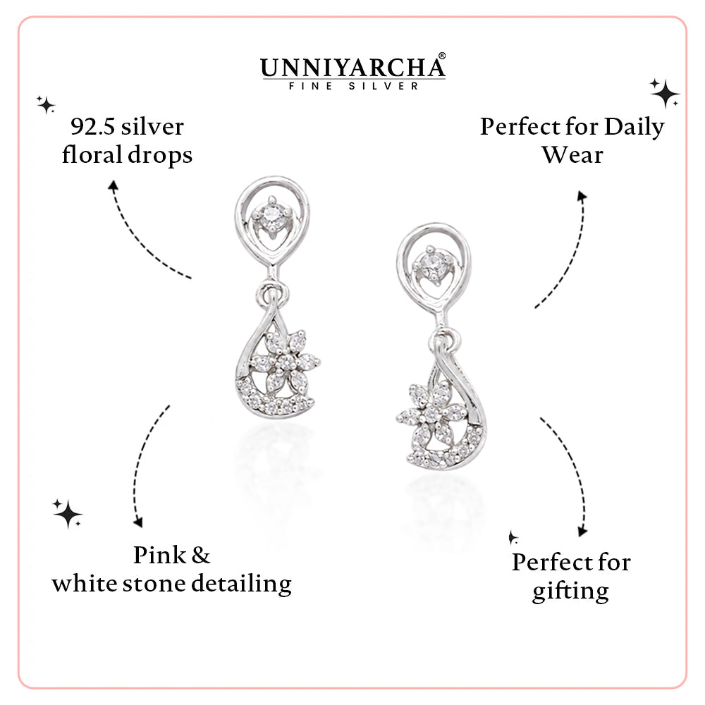 Unniyarcha 925 Pure Silver White Drop Floral Earrings