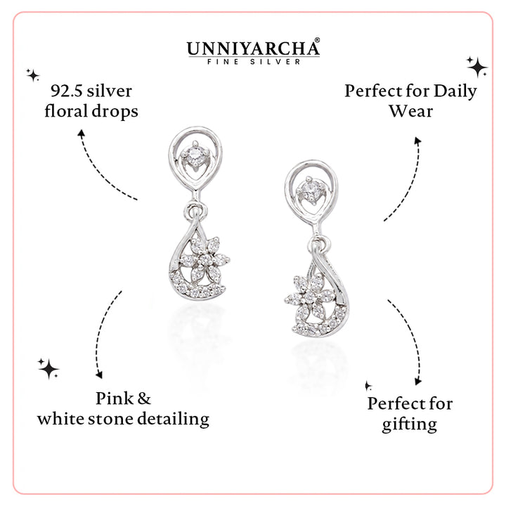 Unniyarcha 925 Pure Silver White Drop Floral Earrings
