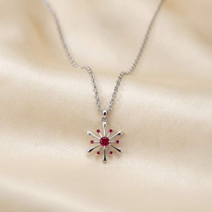 925 Pure Silver Red Zircon Snowflake Starburst Pendant Necklace
