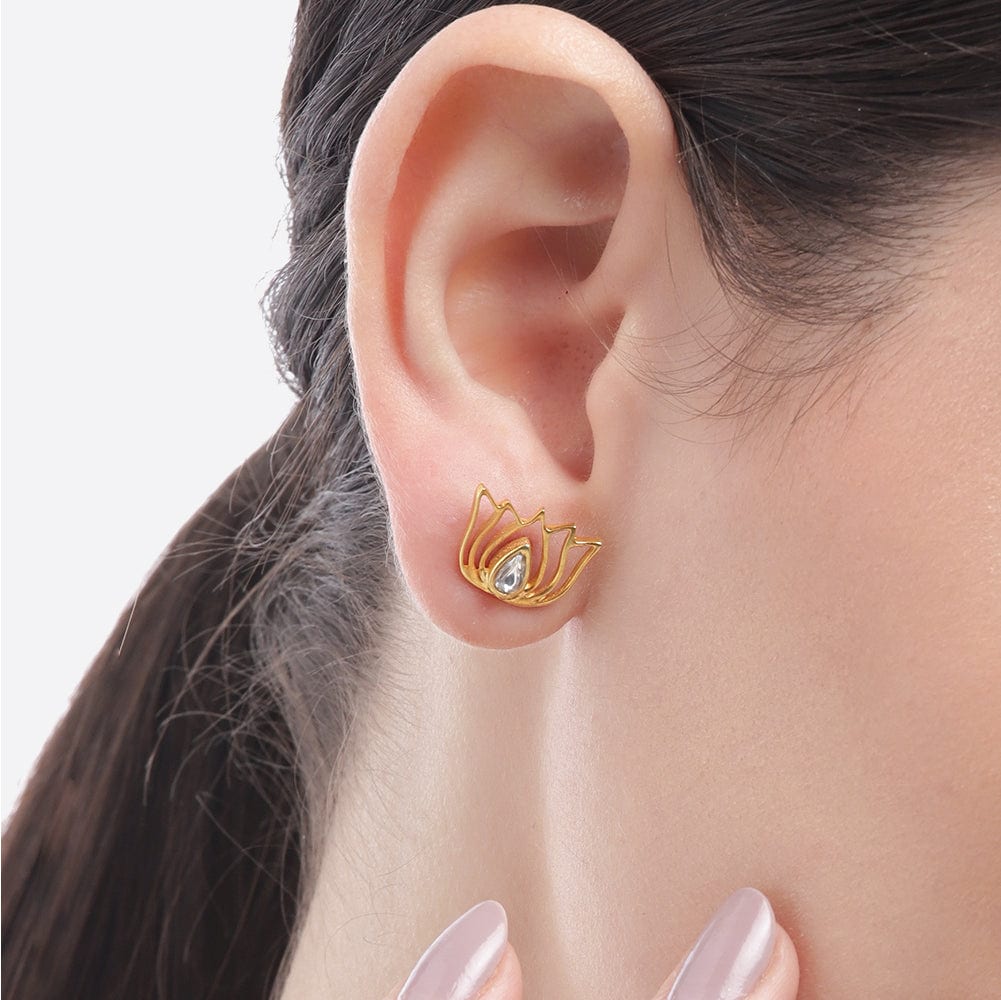 92.5 Silver White Kundan Sacred Lotus Stud Earrings