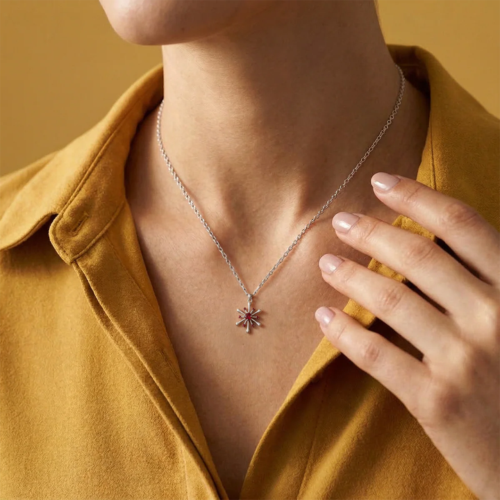 925 Pure Silver Red Zircon Snowflake Starburst Pendant Necklace