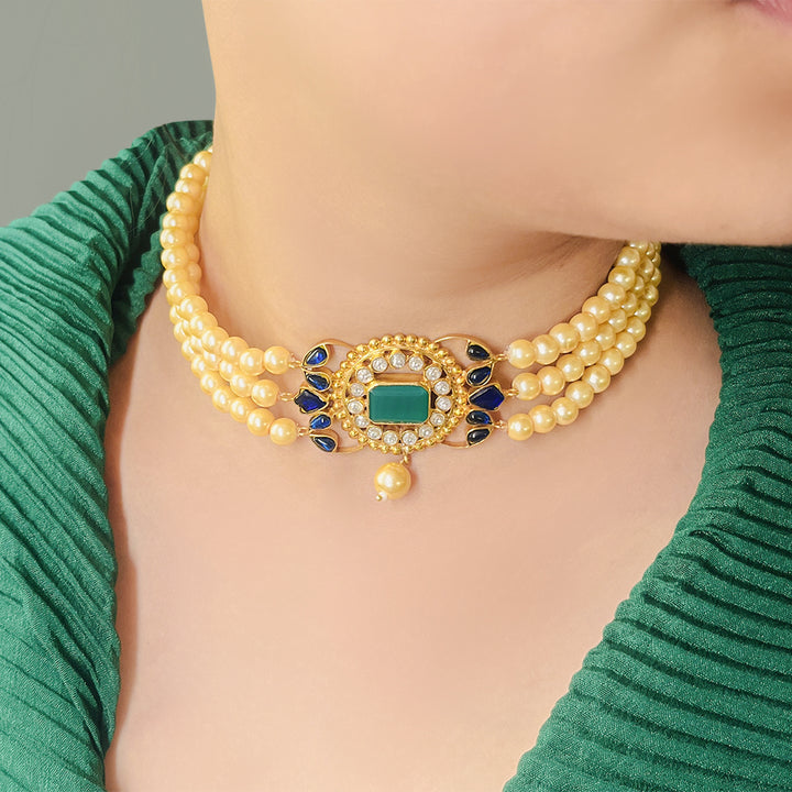 Silver Gold Plated Blue Centre Pearl Choker