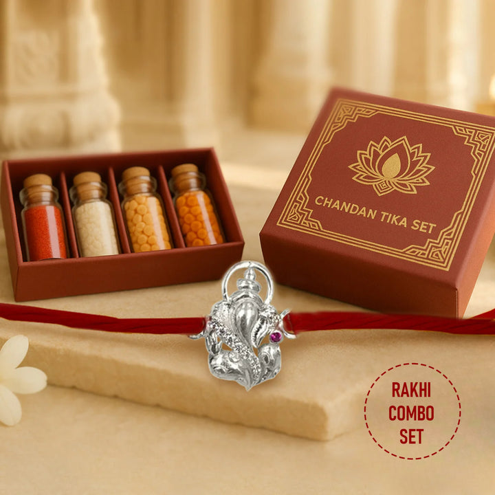 Pure 92.5 Sterling Silver Ganpati Rakhi with Chandan Tilak Set