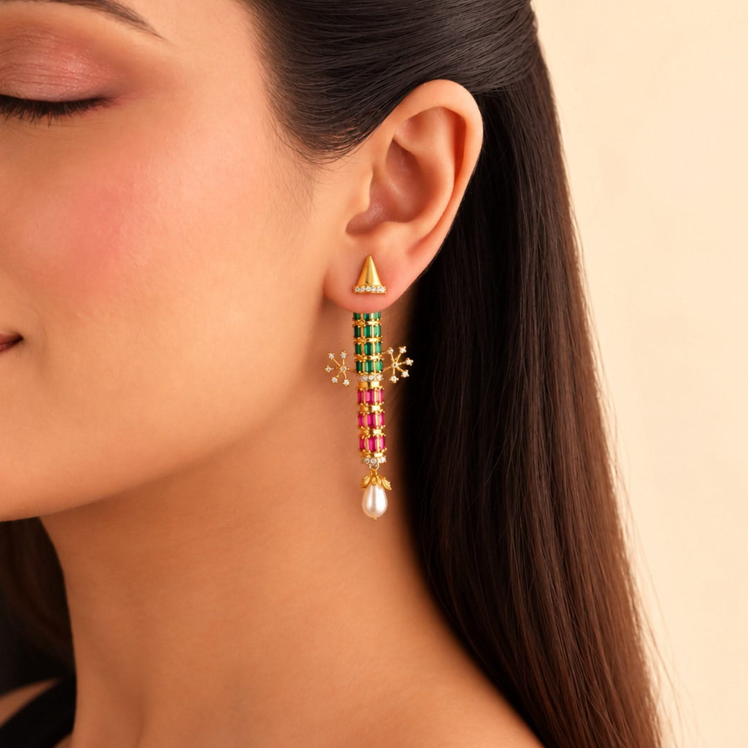 24kt Gold Plated 925 Pure Silver Rocket Rani Pearl Drop Earrings