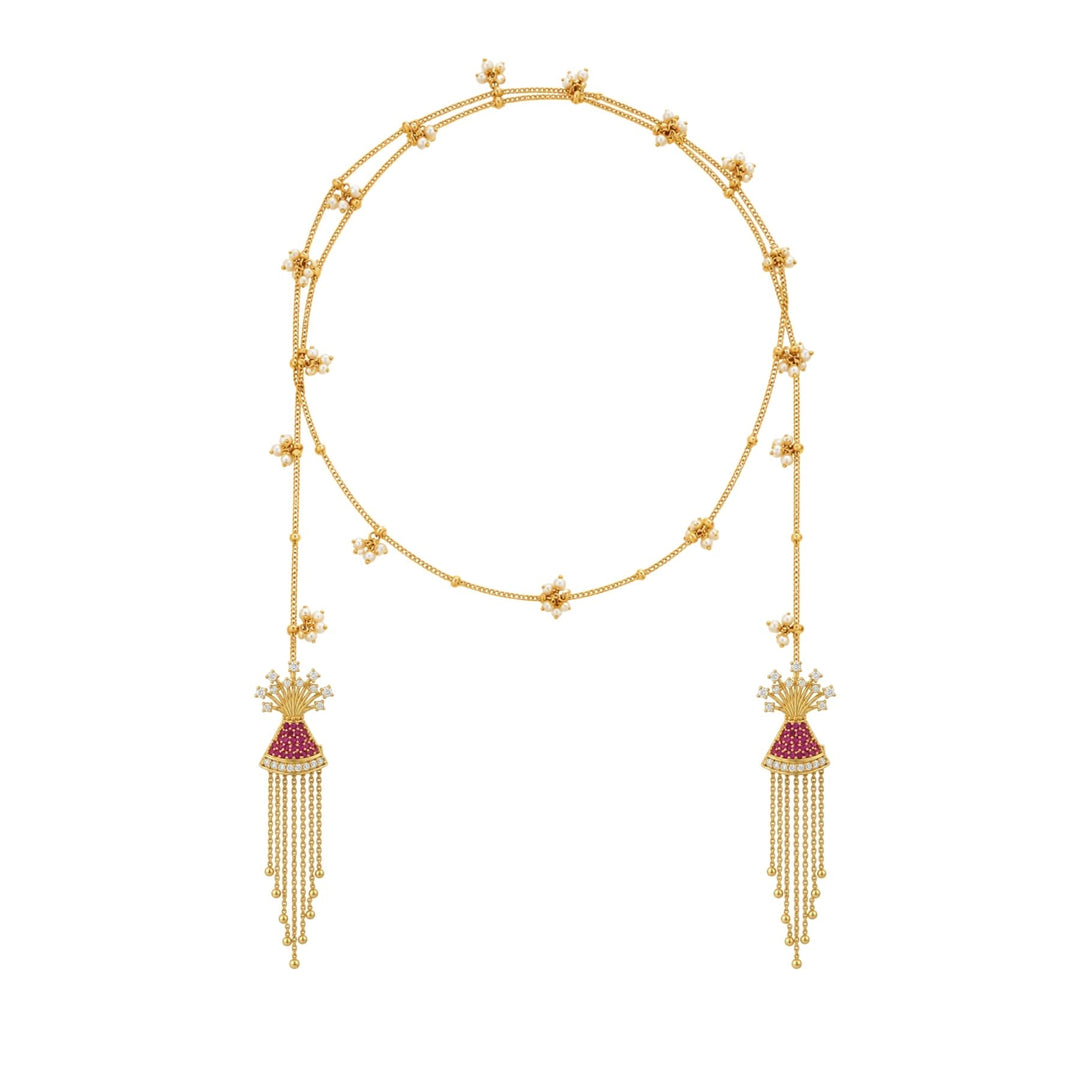 24kt Gold Plated 925 Pure Silver Patakha Anar Pearl Wrap Lariat Necklace
