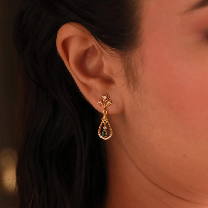 24kt Gold Plated 925 Pure Silver Patakha Emerald Anar Sparkle Drop Earrings