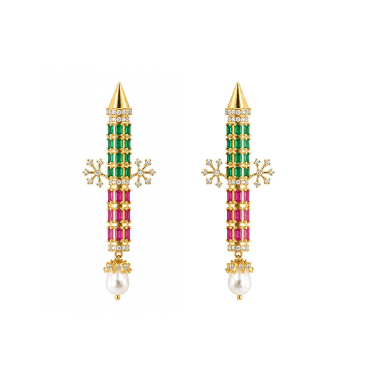 24kt Gold Plated 925 Pure Silver Rocket Rani Pearl Drop Earrings