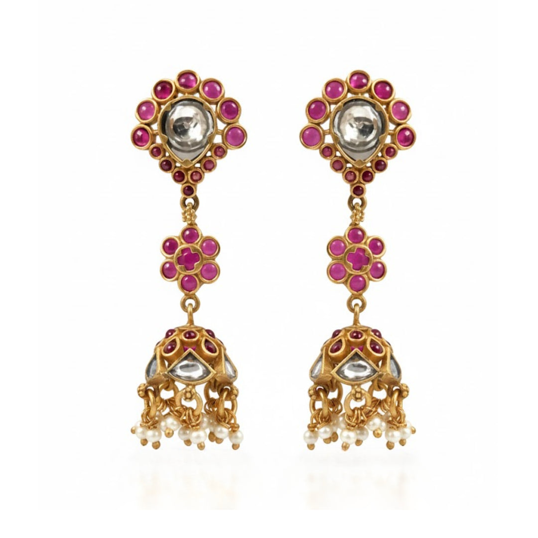 Silver Kundan Floral Jhumka Earrings