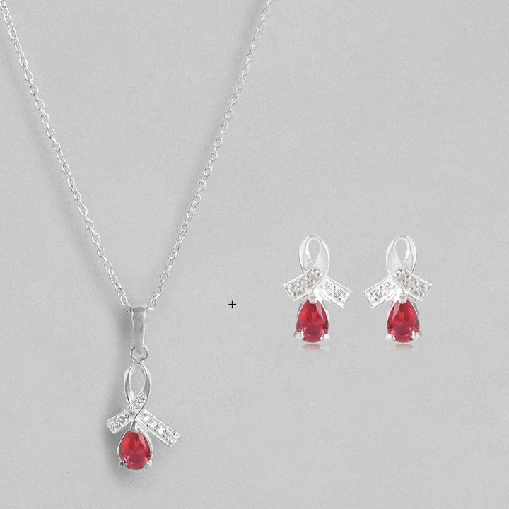 Silver Red Drop Stone Pendant And Chain