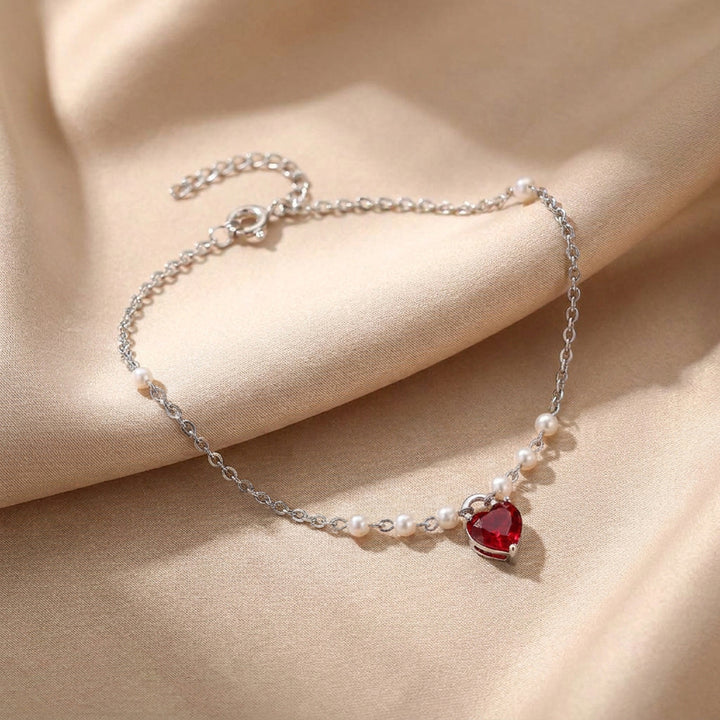925 Pure Silver Delicate Pearl & Dangle Heart Anklet