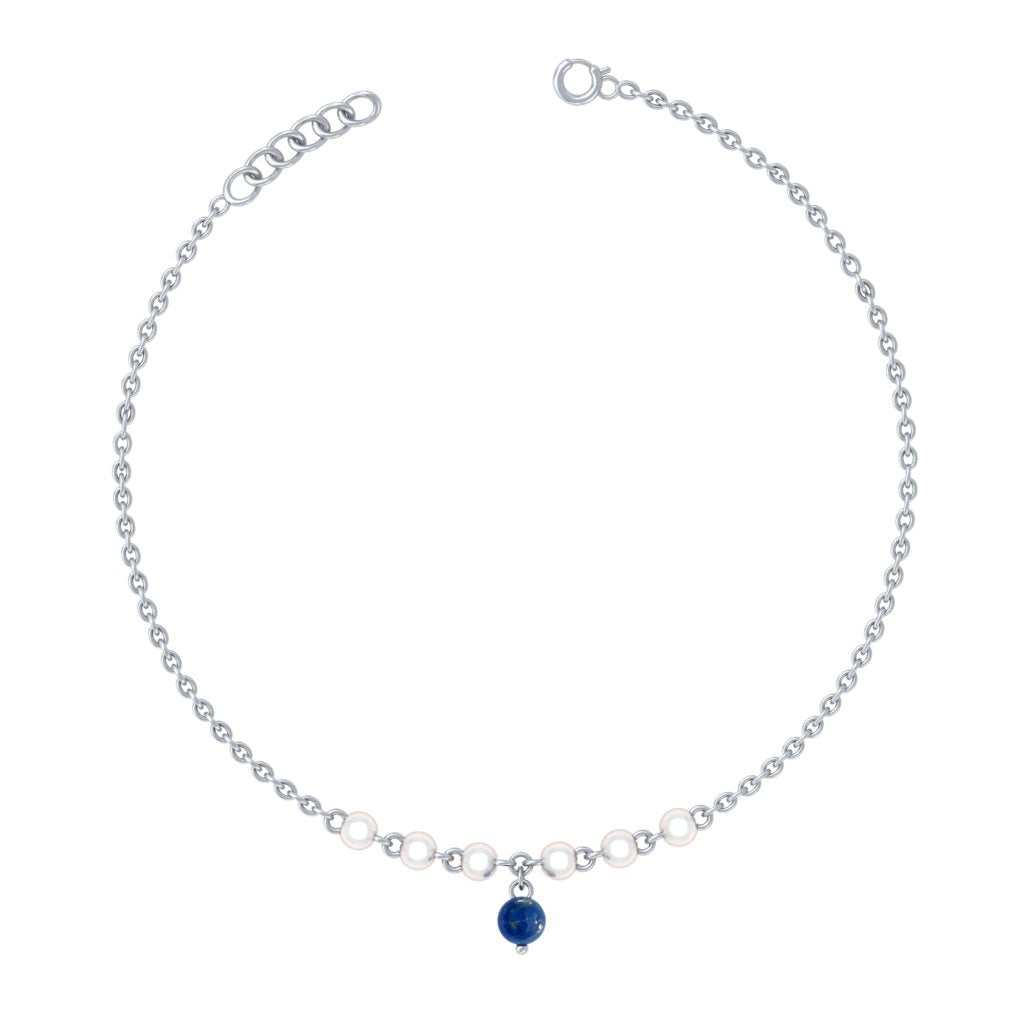925 Pure Silver Minimalist Pearl & Blue Bead Anklet