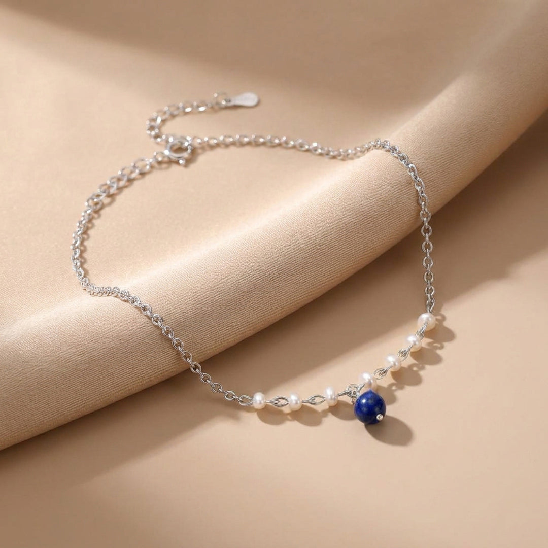 925 Pure Silver Minimalist Pearl & Blue Bead Anklet