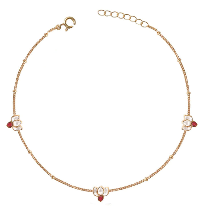 Single Silver Lotus Kundan 3 Motifs Anklet