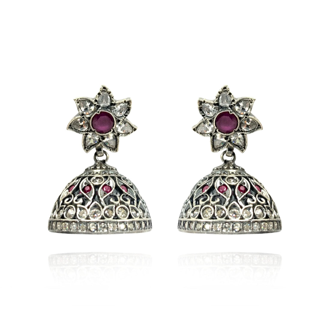 Silver 92.5 Ruby Flower Jhumka Earrings
