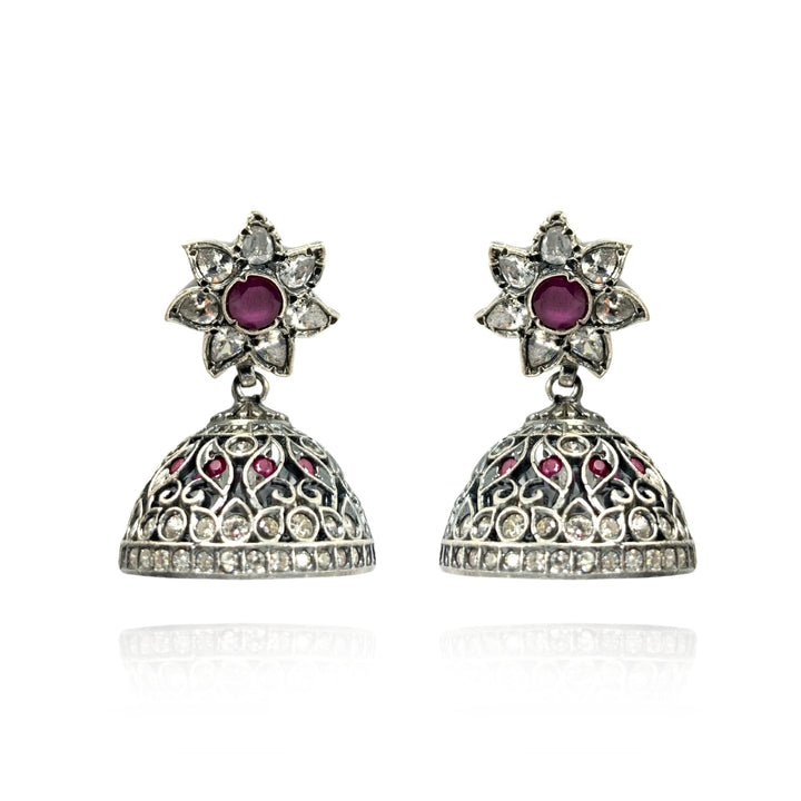 Silver 92.5 Ruby Flower Jhumka Earrings