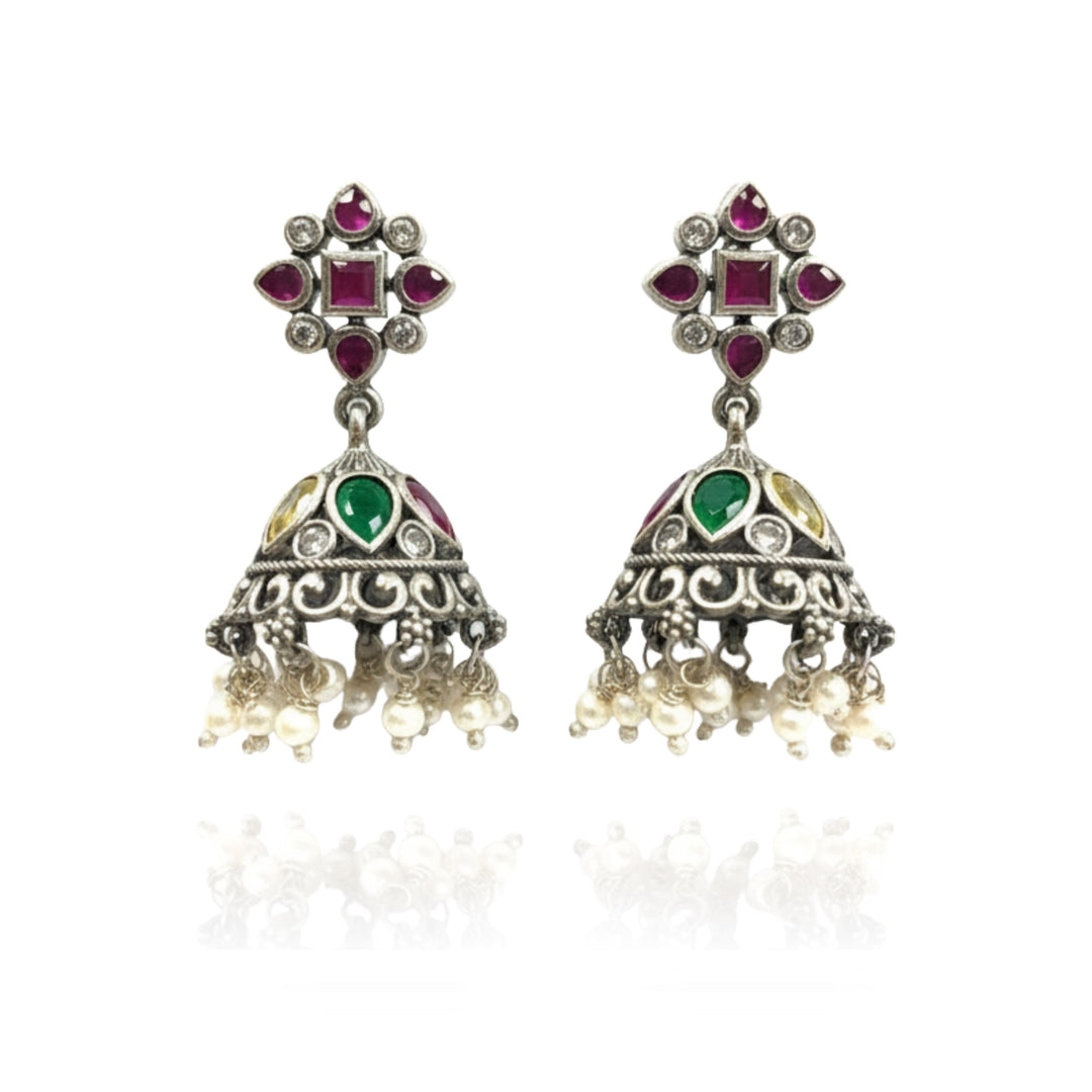 Silver 925 Navratna Jhumka Earrings