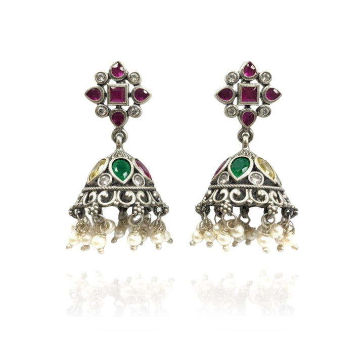 Silver 925 Navratna Jhumka Earrings