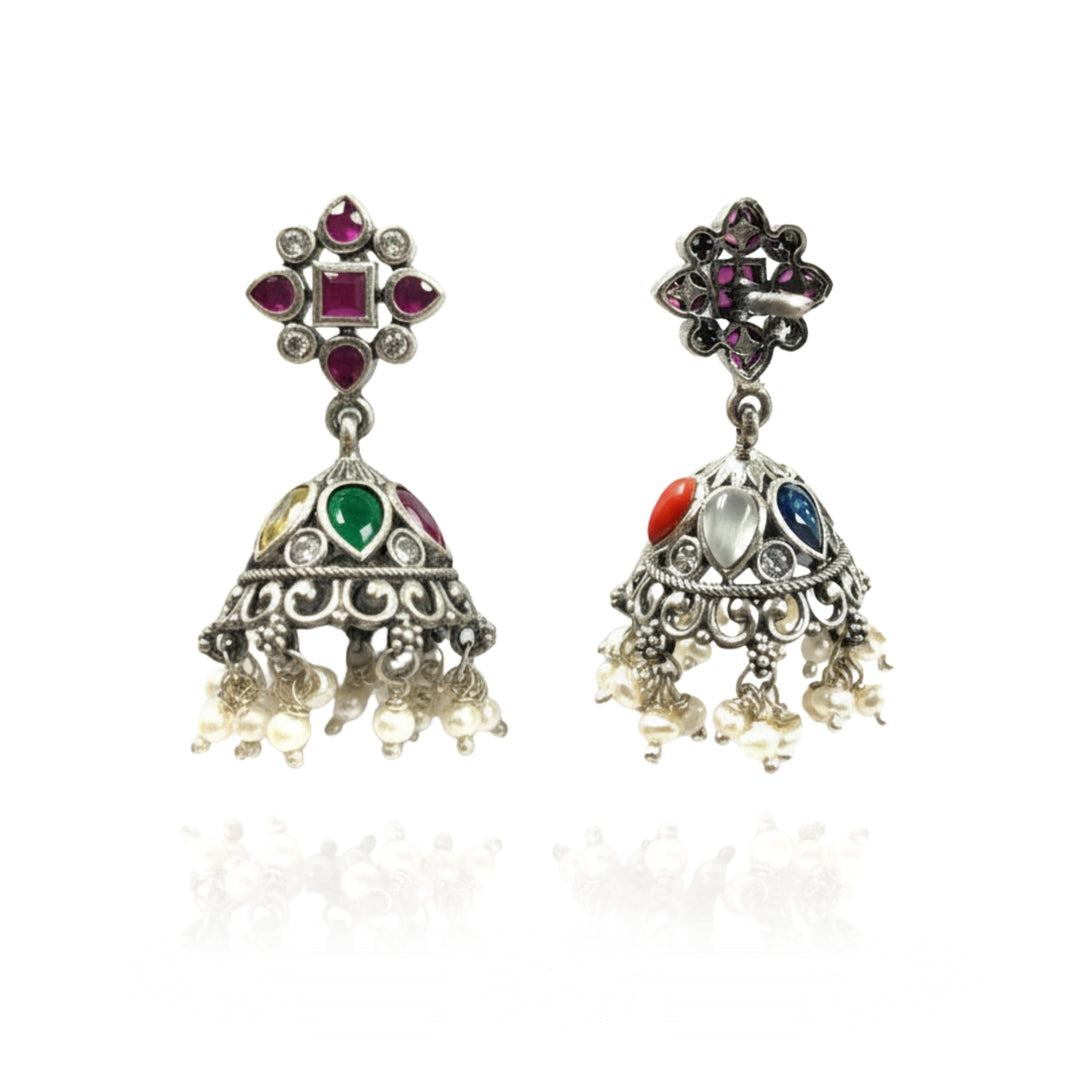 Silver 925 Navratna Jhumka Earrings